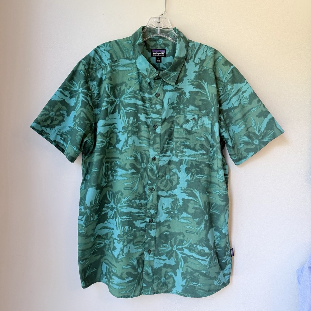 Patagonia Mens Go To Shirt Large Green Floral Hiking Outdoor Button Up L